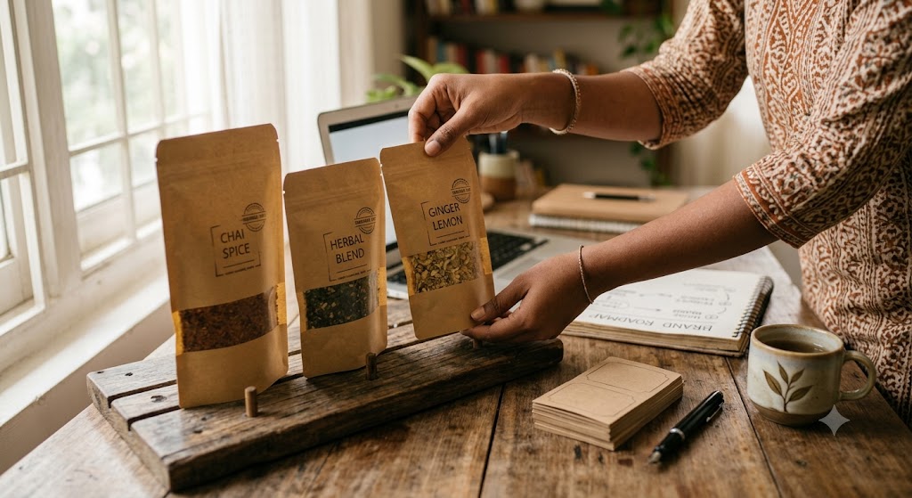 Hands arranging finished private label tea pouches on a small office desk during brand launch"
