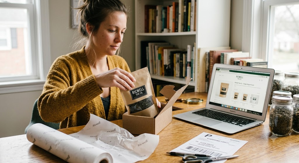 Laptop showing an online tea store next to a branded pouch being packed for dropshipping