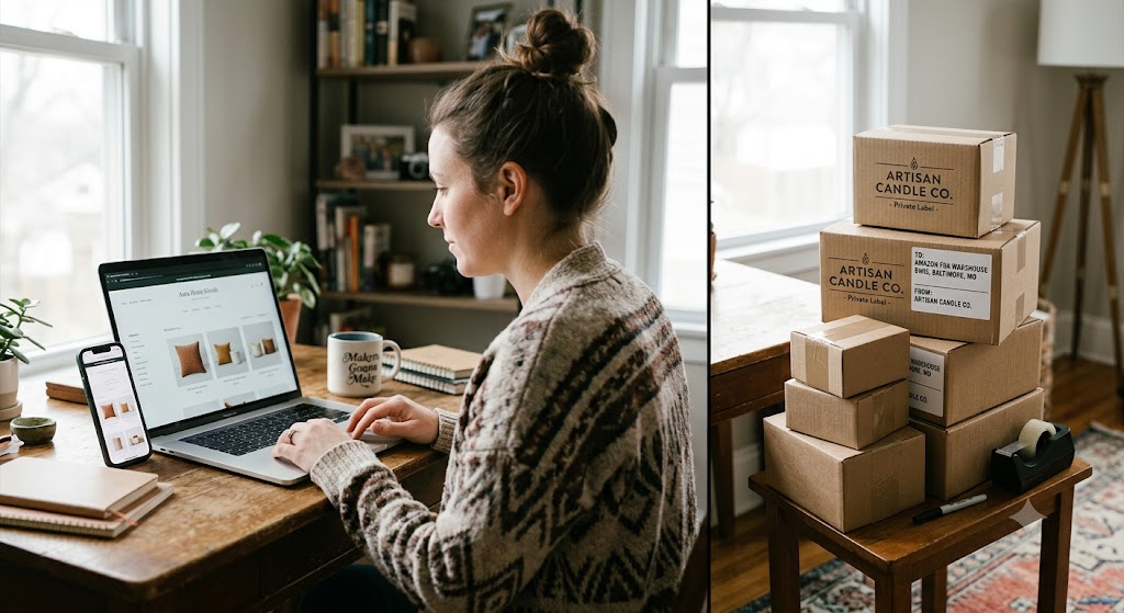 Split comparison of a dropshipping laptop setup and packed private label tea stock boxes