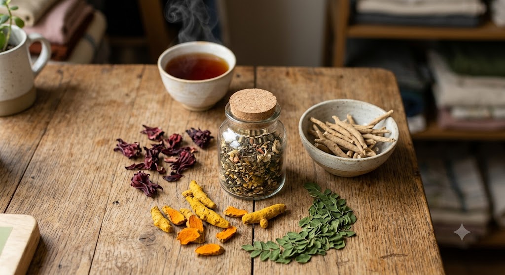 Flat lay of functional wellness tea ingredients including ashwagandha, turmeric, and hibiscus