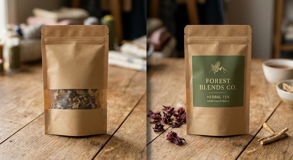 Split comparison image showing the difference between private label and white label tea packaging
