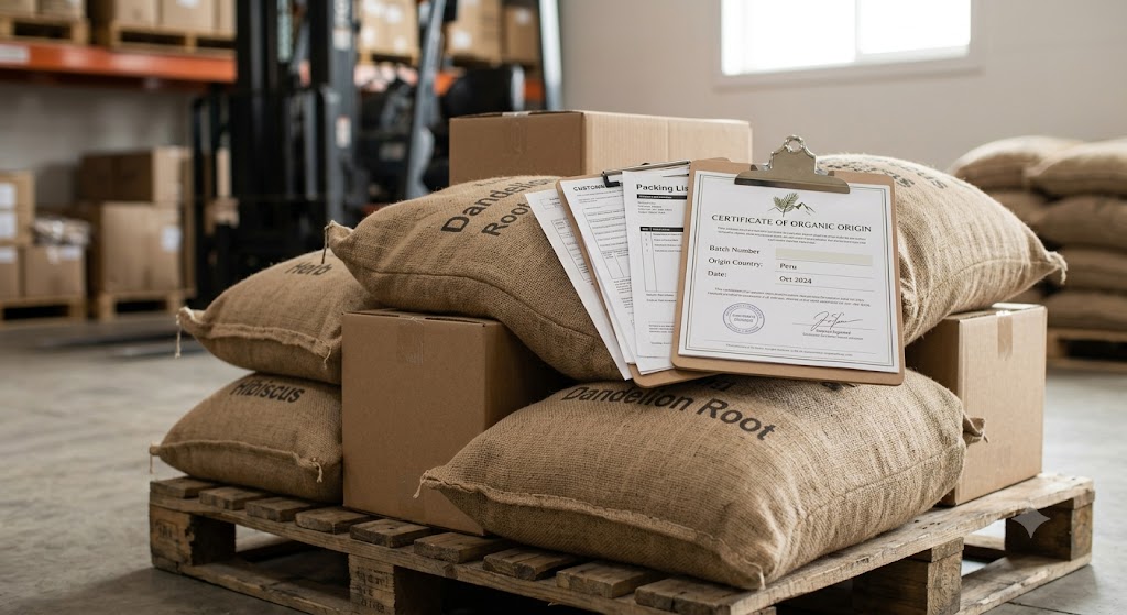 Small business desk with export cartons and shipping documents for importing tea from India