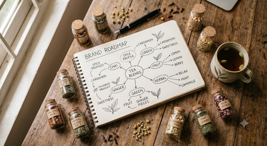Notebook mind-map of private label tea business ideas surrounded by loose-leaf tea samples