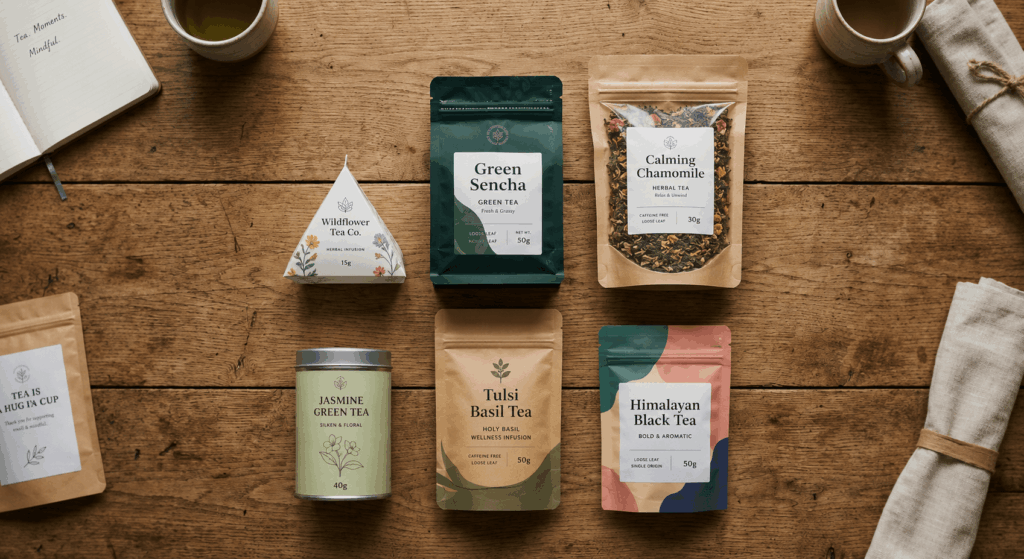 Flat lay catalog of assorted tea pouch formats ideal for dropshipping in the tea niche