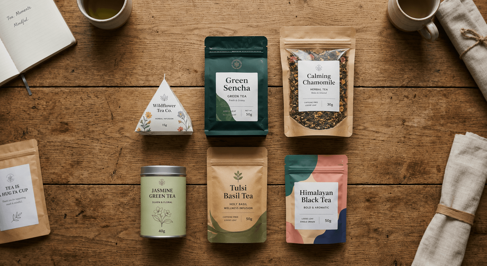 Flat lay catalog of assorted tea pouch formats ideal for dropshipping in the tea niche