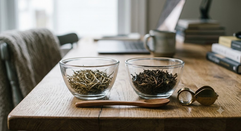 Two bowls of loose-leaf tea comparing Darjeeling and Assam tea leaves side by side