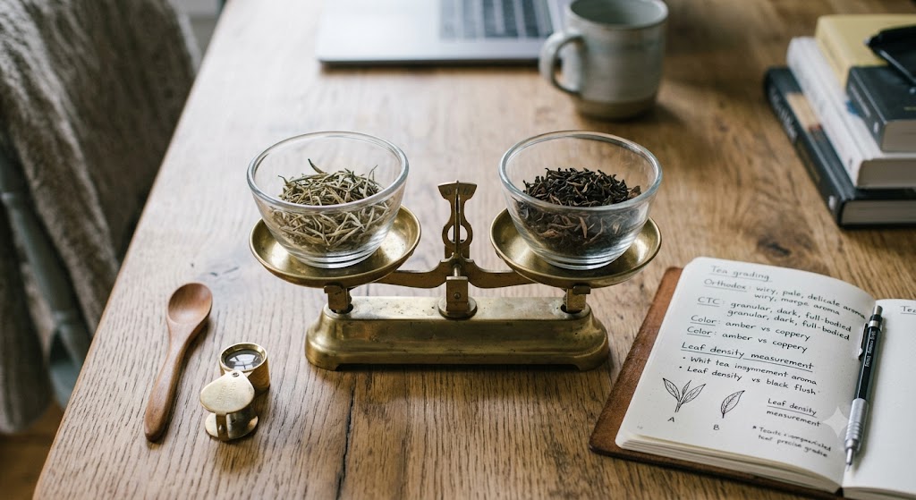 Close-up comparison of orthodox whole-leaf tea and CTC granular tea for grading reference