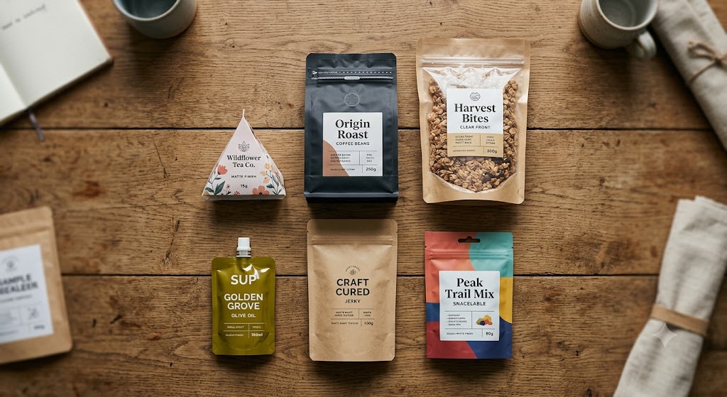 Flat lay catalog of assorted tea pouch formats ideal for dropshipping in the tea niche