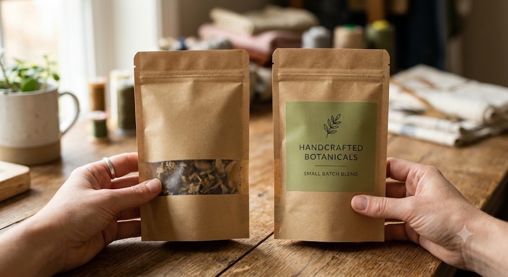 Side-by-side comparison of an unbranded tea pouch and a branded private label tea pouch