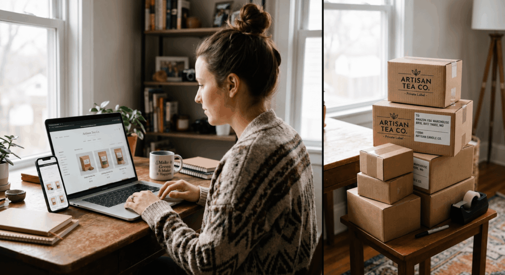 Split comparison of a dropshipping laptop setup and packed private label tea stock boxes