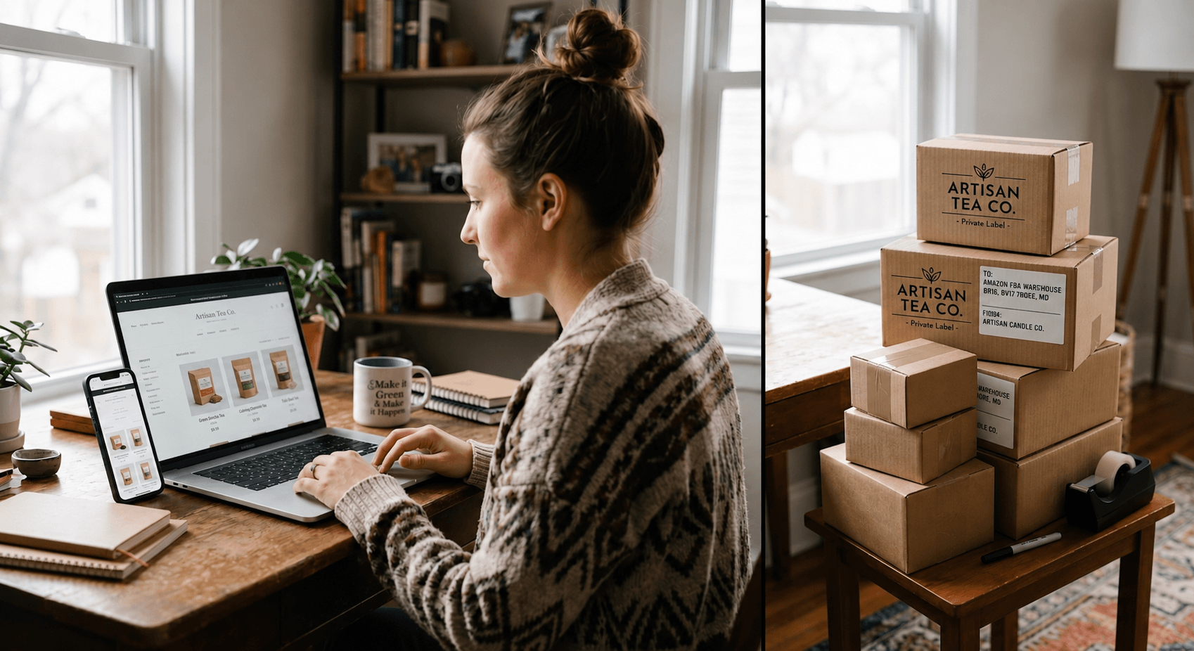 Split comparison of a dropshipping laptop setup and packed private label tea stock boxes