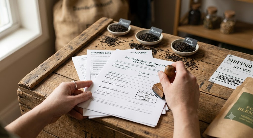 Hands reviewing export and phytosanitary certificates alongside loose black tea for grading