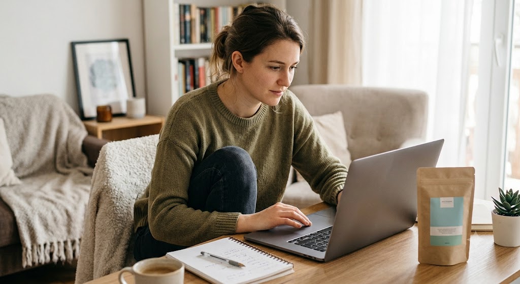 Entrepreneur managing a tea brand from a laptop and phone with no physical stock on hand