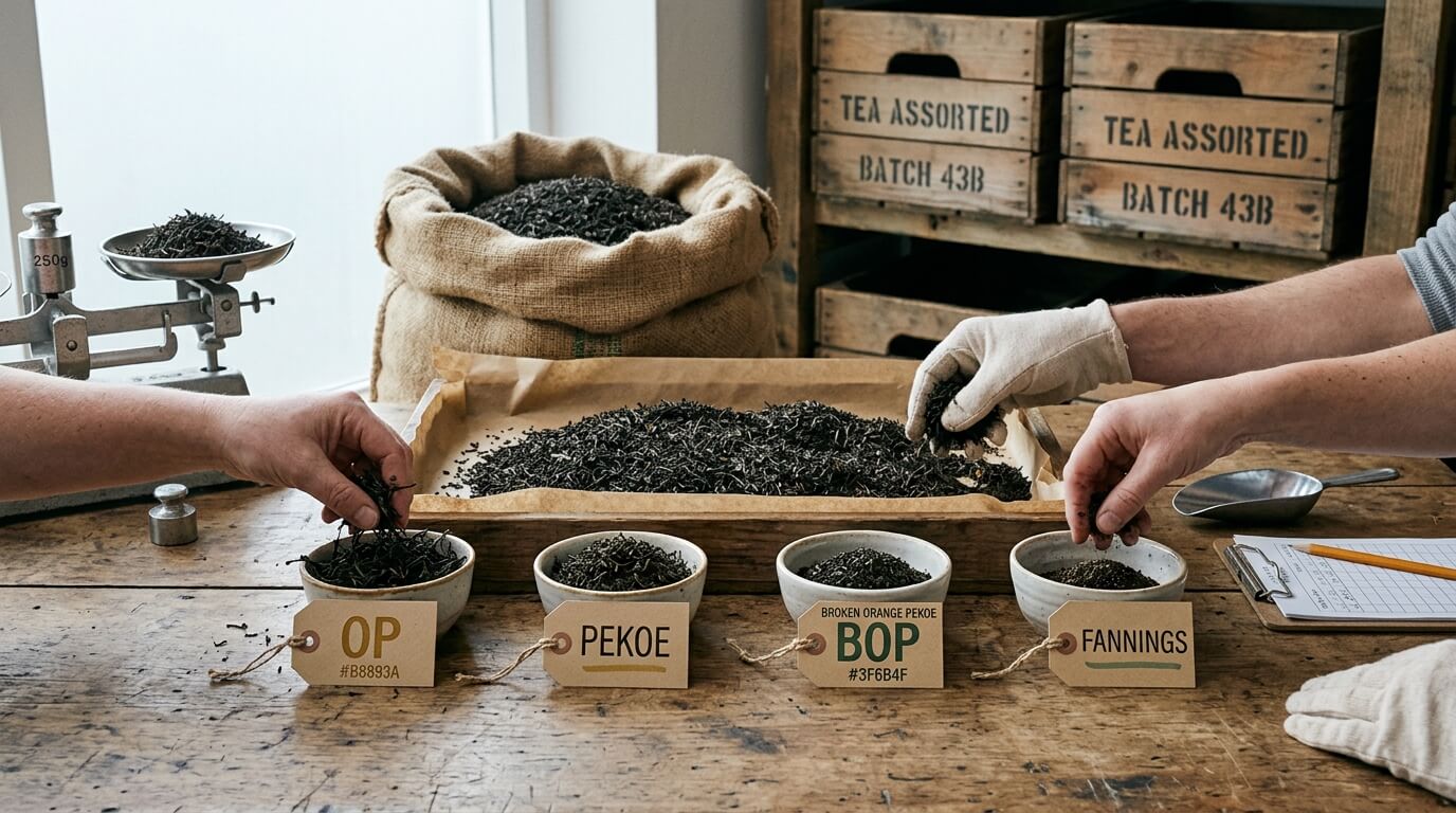 Bulk wholesale tea pricing and grading sample bowls in Darjeeling warehouse