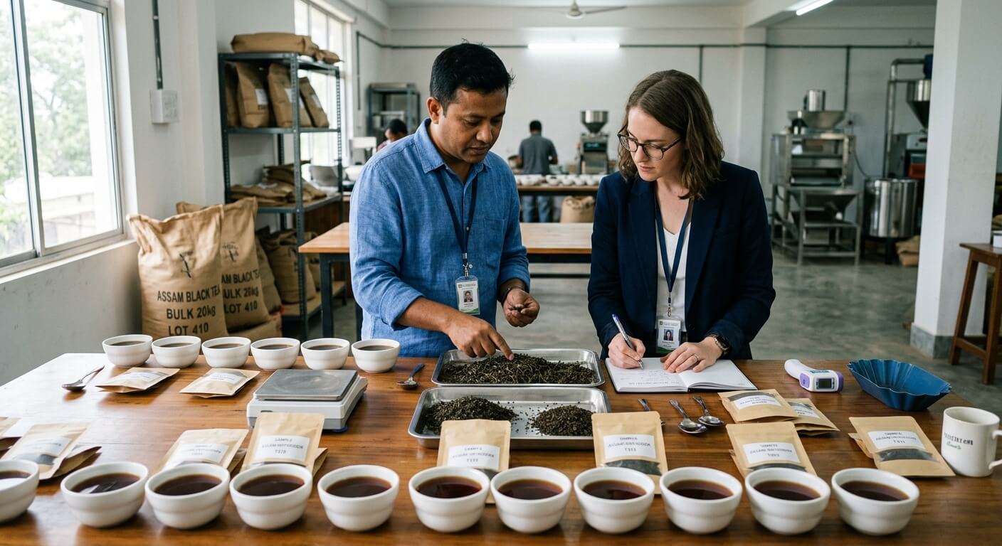 Wholesale tea buyer reviewing premium loose leaf Assam tea samples at Ricwell sourcing studio