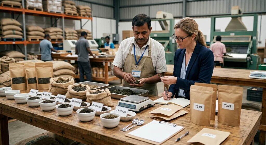 Tea business buyers discussing bulk wholesale tea pricing and sample quotes at Ricwell office