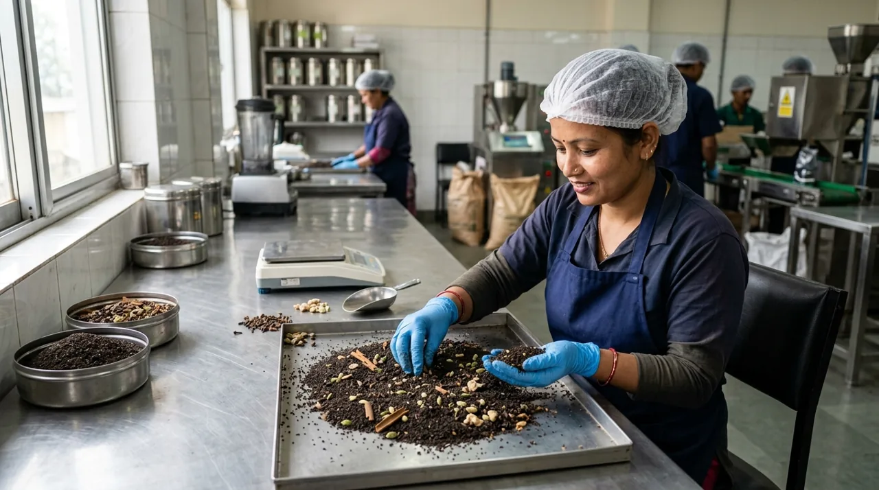 Nepali tea blending specialist wearing blue protective gloves and hair cap inspecting black CTC tea and spices