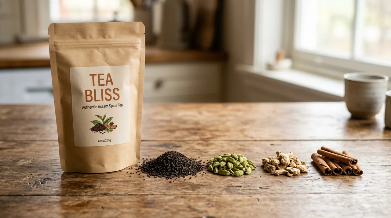 Natural Assam CTC tea leaves, green cardamom, ginger, and cinnamon beside Tea Bliss chai pouch