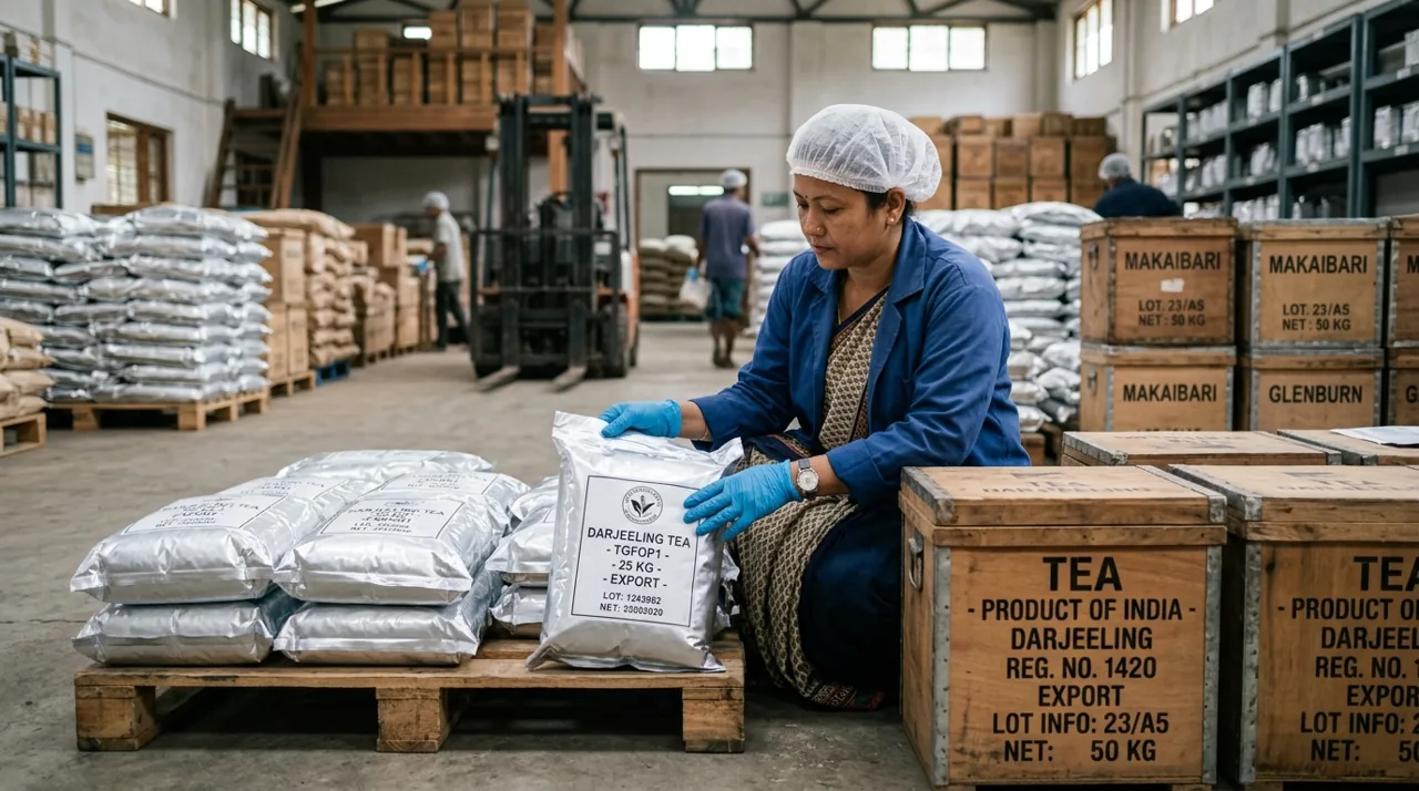 Tea warehouse manager wearing gloves and hair cap inspecting vacuum-sealed Darjeeling tea export bags and wooden chests