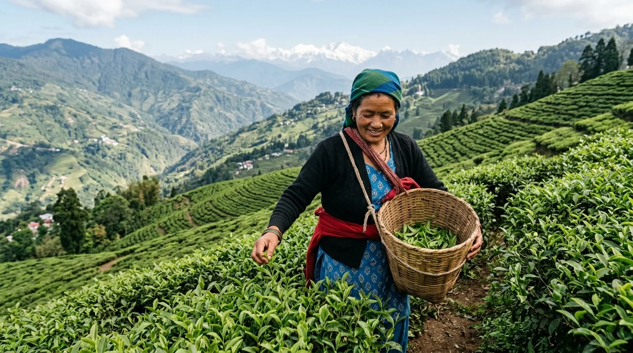 Local Nepali Darjeeling tea worker plucking fresh spring first-flush tea leaves in high-elevation Darjeeling garden