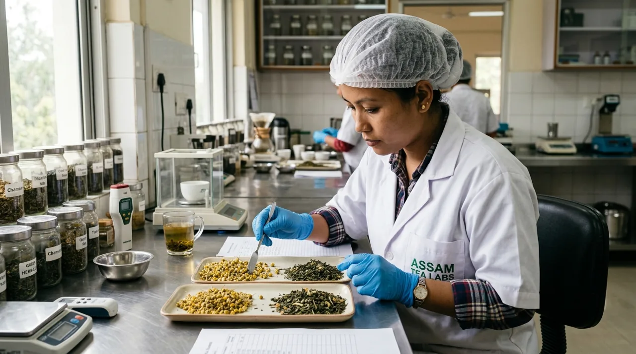North-Eastern Indian female tea technician wearing white hair cap and gloves testing chamomile and green tea leaves
