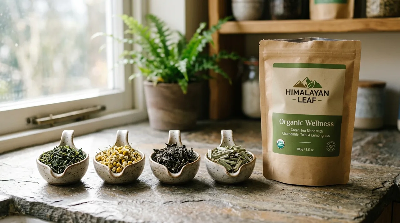 Darjeeling green tea leaves, dried chamomile flowers, tulsi, and lemongrass beside Himalayan Leaf Organic Wellness pouch
