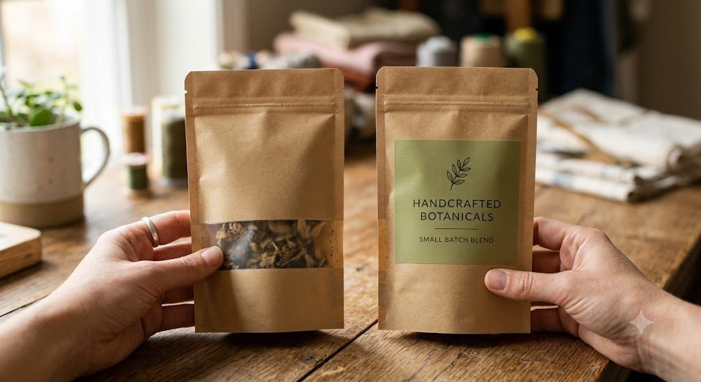 Side-by-side comparison of an unbranded tea pouch and a branded private label tea pouch